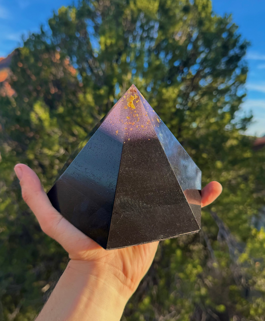 Purple 'Ajna' Black Sun Dodecahedron orgone pyramid for third-eye intuition, with purple mica and 24K gold
