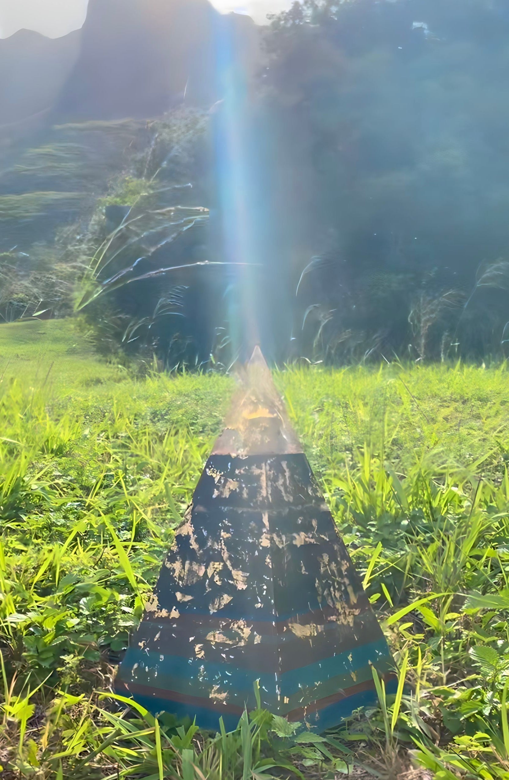 Black traffic cone on grass with a mountainous background